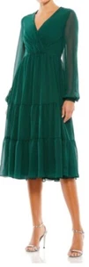 Ieena For Mac Duggal V Neck Tiered Midi Dress Sheer Sleeves 14 Emerald Green - Picture 1 of 12