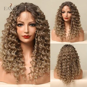 Long Curly Lace Front Wig Ombre Black Brown Curly Synthetic Wig Heat Resistant - Picture 1 of 26