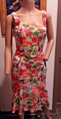 Vestido de Vacaciones David Meister Pez Floral Hula Niña Estampado Hawaiano Seda S 2 Foto 1 de 4