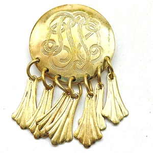 Vintage Gold Tone Dangle Brooch with Scroll Monogram Design - Picture 1 of 6