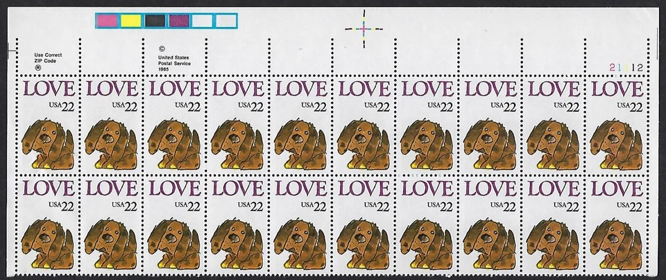 2202 MNH Plate Block of 20, 22-cent stamps - LOVE, Puppy - Image 1 of 1