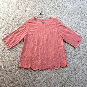 Chico’s Size 3 (XL) Pink/Peach/Salmon Crochet Embroidered 3/4 Sleeve Woman’s Top - Picture 1 of 6