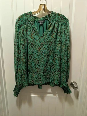 Blusa RACHEL ZOE Top Verde Estampado Geométrico Cuello en V Manga Larga Talla XL Foto 1 de 4