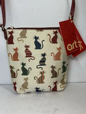 New w/Tags Signare Tan Crossbody Sling Bag Art Tapestry "Cheeky Cat" Design 8x8" - Image 1 of 4