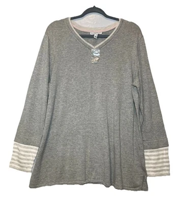 Suéter túnica suéter Isaac Mizrahi gris vivo XL ribete a rayas cuello preppy nuevo sin etiquetas Foto 1 de 4