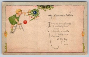 My Christmas Wish, Rhyme, Girl Placing Ornaments On Tree, Vintage 1925 Postcard - Imagen 1 de 2
