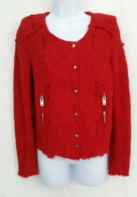 IRO Womens Jacket Sz 2 Red AGNETTE Distressed Bouclé-Tweed Preppy Money Grunge - Image 1 of 4