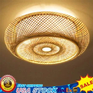 Bamboo Chandelier Wicker Rattan Pendant Lamp Ceiling Light Fixture Flush Mount - Picture 1 of 10