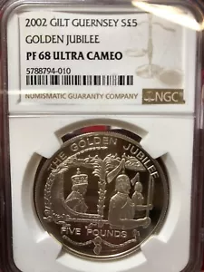 Guernsey 2002 Golden Jubilee Gilt Silver 5 pound KM# 119b. In Slab Ngc PF68 - Picture 1 of 2