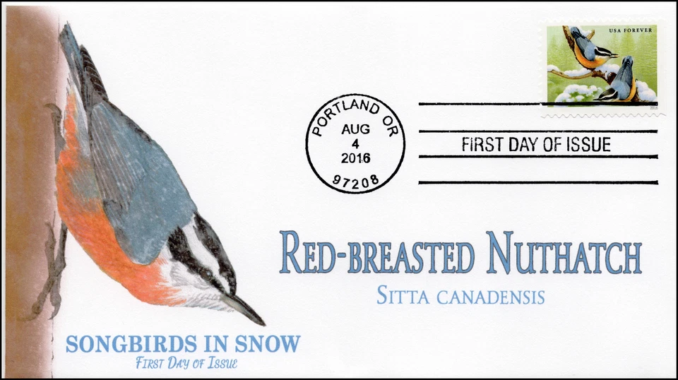 2016, Songbirds in Snow, Red-breasted Nuthatch, FDC, 16-240 - Image 1 of 1