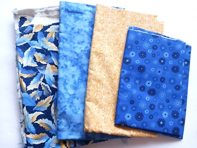 Lot Blue Yellow & Gold Quilting Cotton Fabric Northcott 4 Pieces Floral Swirls - Image 1 of 4
