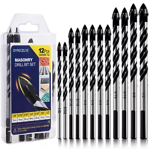 12PCS Masonry Drill Bit Set 1/8 to 1/2 inch Glass Tile Brick Cement Wood Plastic - Picture 1 of 8