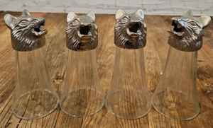 Vintage Zinn Bär Wolfskopf Jigger Schnapsglas Steigbügel Tasse 4er Set EUC SELTEN - Bild 1 von 7