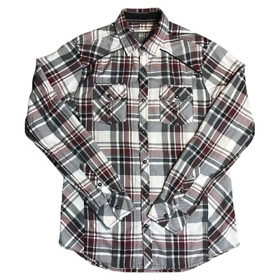 Camisa a Presión Hebilla BKE Manga Larga Perla Para Hombre Etiqueta Pequeña Calce Atlético Blanco Cuadros Foto 1 de 4