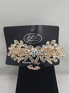 Pink Gold Tone Heart Shape  Center Floral Rhinestones  Hair Clip Barrette EBS - Picture 1 of 6