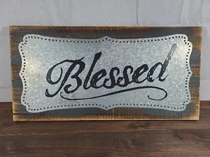 Rustic Wood & Metal "Blessed" Sign, Country Farmhouse Decor, 18 X 9" - Picture 1 of 6