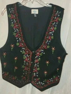 Womens Vintage Pasta Button Front Lined Vest Large Wool Blend Floral Design - Picture 1 of 8