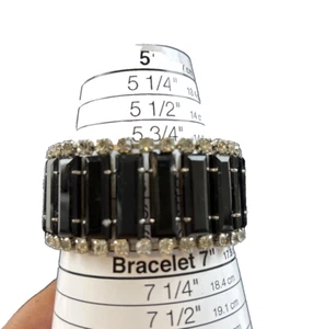 Wide Bracelet Black Glass Clear Rhinestone  7.25"L x 1 5/16"W Vintage Statement - Picture 1 of 8