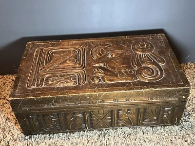Large Hand Carved Wooden Chest W/Hinged Lid Aztec 17 1/2 By 9 3/4 By 6 1/4. - Image 1 of 4