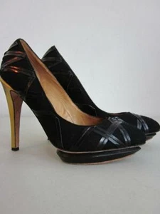 LAMB L.A.M.B Black Calf Hair and Leather Platform Shoe Sz 7.5 Gold 4.5" Heels - Picture 1 of 10