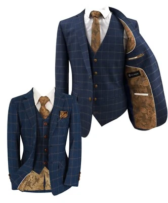 Mens Boys Windowpane Check Suit Blue Wedding Father Son Matching 3 Piece Set - Image 1 of 2