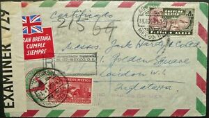 MEXICO 18 AUG 1941 CENSORED REG. COVER + WWII PATRIOTIC LABELS SENT TO LONDON