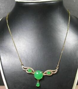 Genuine Green Jade Cabochon Cubic Zirconia Butterfly Mask 18KGP Pendant Necklace