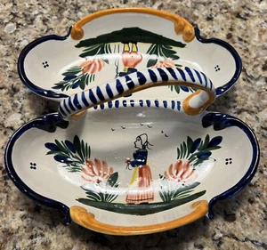 Henriot  H.B. Quimper Two Compartment Divided Dish w/Center Handle Man & Woman - Picture 1 of 12