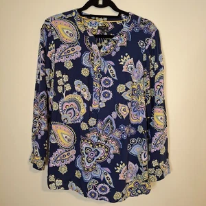 Talbots Plus Women's 0X Blue Multi Floral 1/4 Button Popover Long Sleeve Paisley - Picture 1 of 10