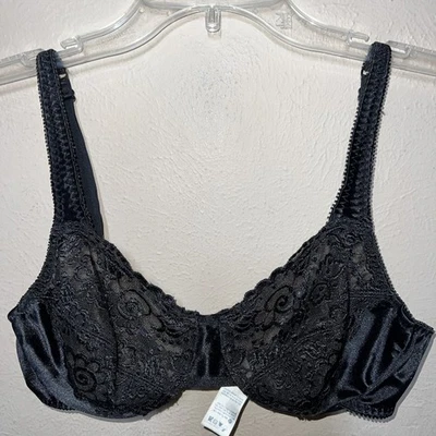 Vintage Vassarette Bra Size 36B Second Skin Satin Black Lace Underwire 75-014 - Image 1 of 4