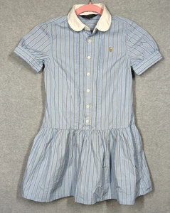Polo Ralph Lauren Shirt Dress Girls 8 Blue Stripe Short Sleeve Tan Pony Nautical - Picture 1 of 10