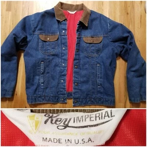Vintage KEY Imperial Blue Denim 46-48 Jean Jacket Chore Coat - Corduroy Trim - Picture 1 of 11