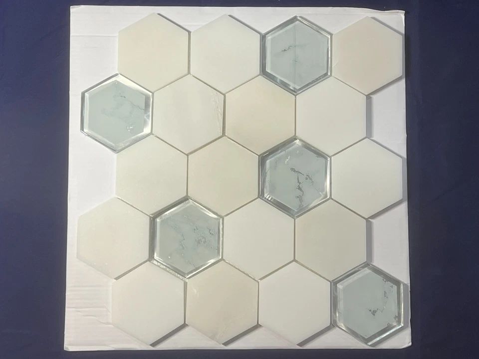 S45 Carrara White Glass Marble Hexagon Mosaic Tile Kitchen Bathroom Polished - Image 1 of 4