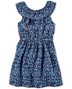 Carter's Ruffle Neck Floral Print Sleeveless A-Line Dress; Navy (6) - Picture 1 of 1