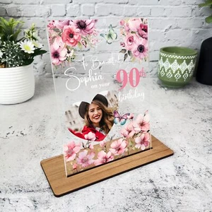 90th Birthday Gift For Her Pink Floral Heart Photo Personalised Gift Plaque - Picture 1 of 7
