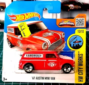 HOT WHEELS 67 AUSTIN MINI VAN CAMPBELL'S GARAGE HW CITY WORKS SHORT CARD 2016 - Picture 1 of 3