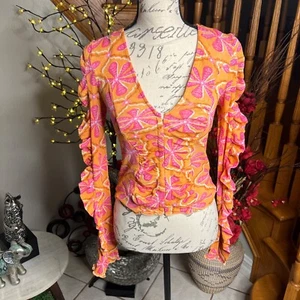 Free People Through The Meadow Blouse Top Ruched Floral Printed Cotton Size XS - Picture 1 of 8