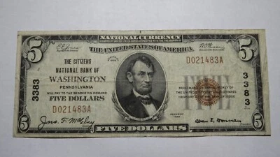 $5 1929 Washington Pennsylvania PA National Currency Bank Note Bill! Ch #3383 VF - Image 1 of 3