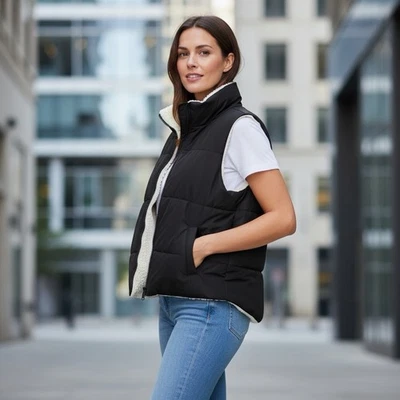 Chaleco No Boundaries para mujer grande negro acolchado Sherpa polar forrado bolsillos Foto 1 de 4