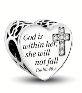 'God Is Within Her She Will Not Fall'' Cross Silver Charm + FREE BRACELET UK - Picture 1 of 5