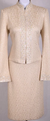 ST.JOHN Women's Cream Gold Sequins Studs Rhinestone Zip Jacket & Skirt Sz 12-14 - Image 1 of 4