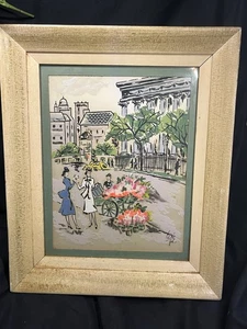 VTG ORIGINAL OILD HAND PAINTED ON SATIN PARIS FLOWER CART FRAMED ART 14.5 X 17.5 - Picture 1 of 7
