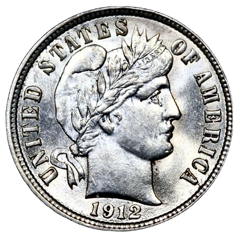 1912 Barber Dime Choice BU Uncirculated, Frosty Luster, Original Unc Cover