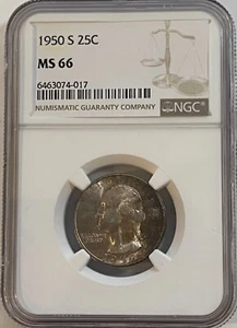 1950-S Washington 25C (#14988) NGC MS MS66 Beautiful toning both sides. - Picture 1 of 2