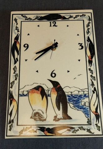 Hand Painted Ceramic Tile Clock with Penguins, Signed Cover