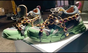 GUCCI Flashtrek SEGA Green Purple Swarovski Crystal Mens Leather Sneaker Sz 10 - Picture 1 of 10
