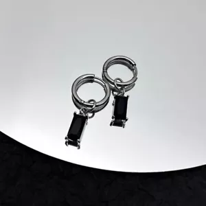10K White Gold With Baguette Cut Onyx Drop Dangle Hoop Earrings For Men's - Picture 1 of 3