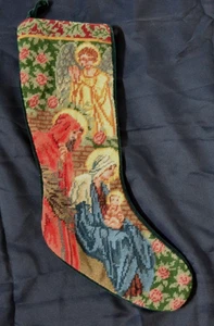 Medias de Navidad Needlepoint Lana Terciopelo Belén Nacimiento de Cristo De Colección - Imagen 1 de 3