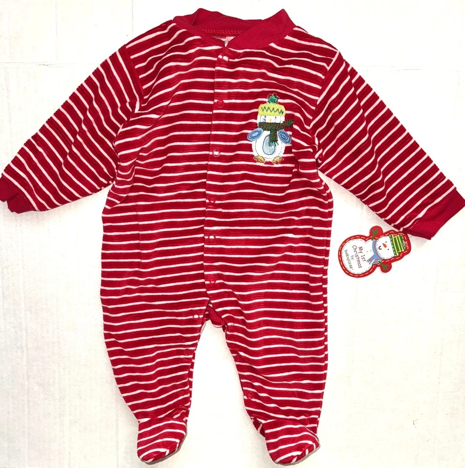 BABY GEAR terciopelo rayas rojas/blancas muñeco de nieve motivo talla 0-3 meses Foto 1 de 1