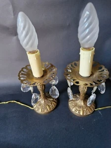 Antique Vintage Pair French Brass Crystals Table Lamps bedside - Picture 1 of 5